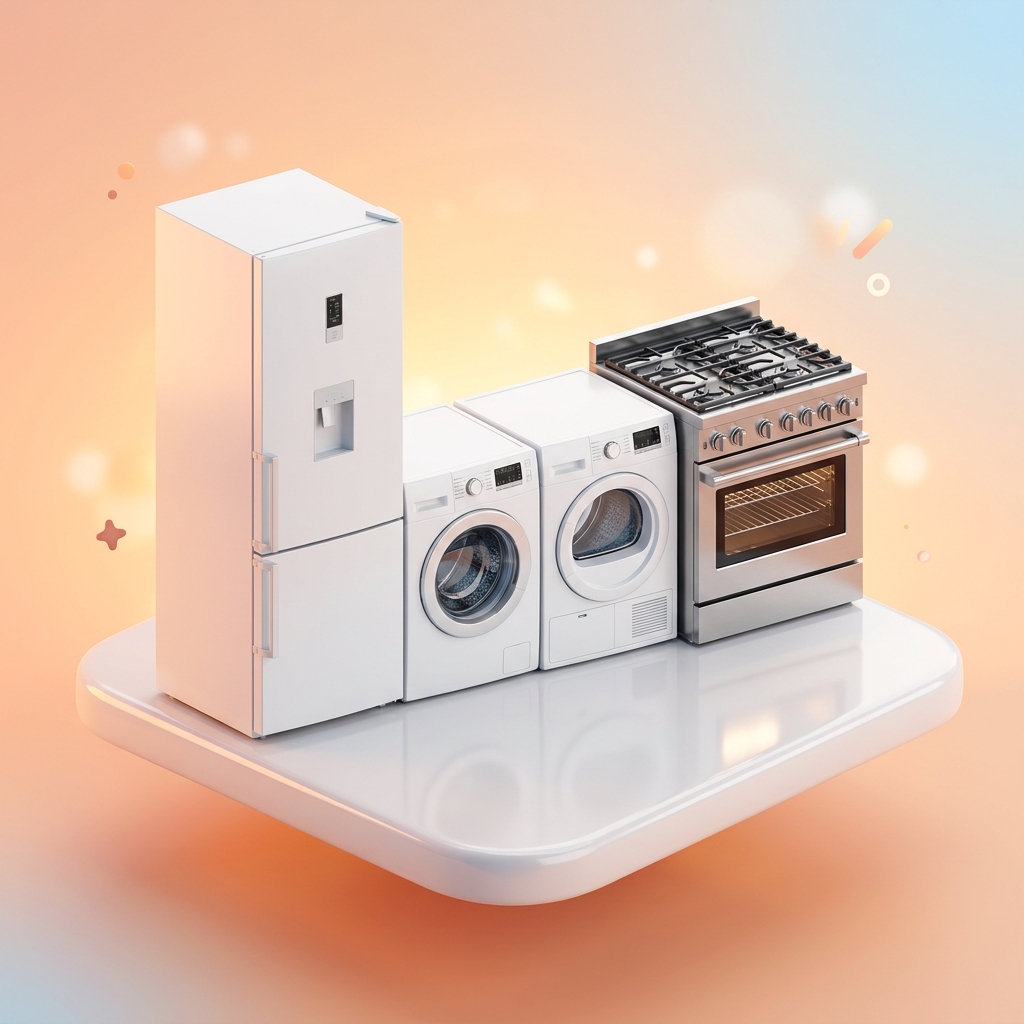 3D rendered home appliances - refrigerator, washer, dryer, stove
